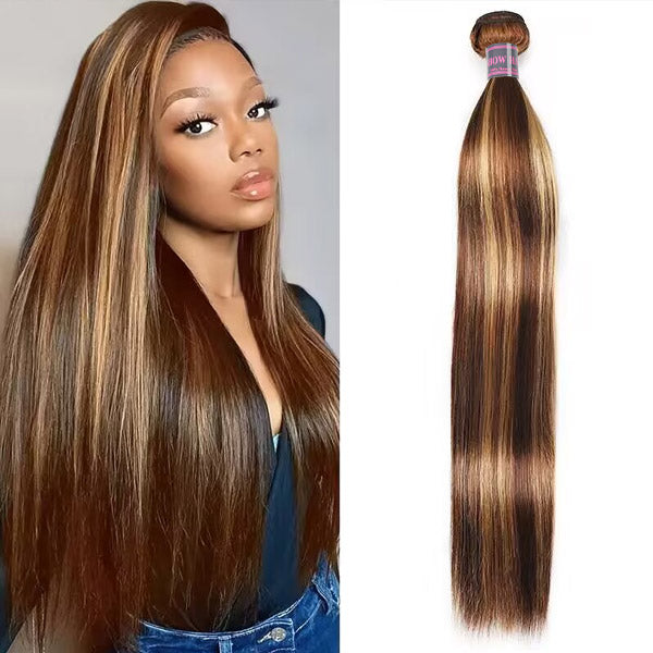 P4/27 Honey Blonde Straight Human Hair Bundle Next to Model With Sleek Hairstyle