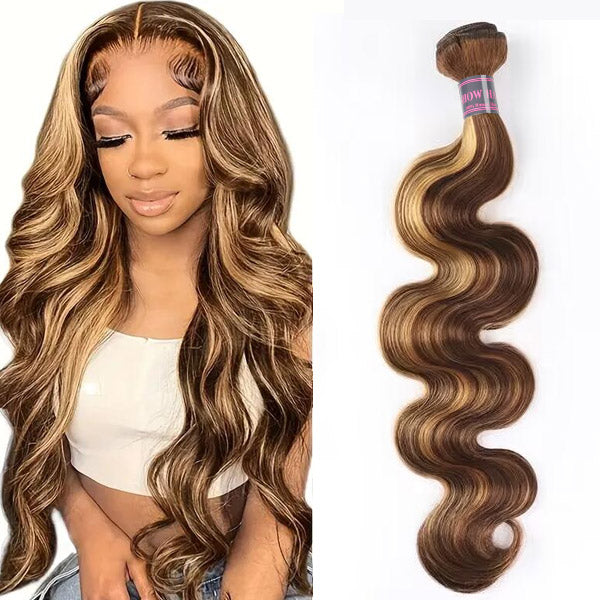 P4/27 Honey Blonde Body Wave Human Hair Bundle Next to Model With Wavy Hair