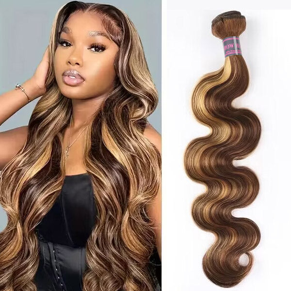Woman with long, honey blonde body wave hair wearing a white crop top, next to a bundle of Ishow Hair Brazilian P4/27 honey blonde body wave human hair, showcasing its wavy texture.