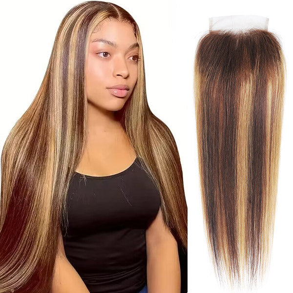 P4/27 Highlighted Straight Hair With Lace Closure and Baby Hair, Model Displaying Hairstyle