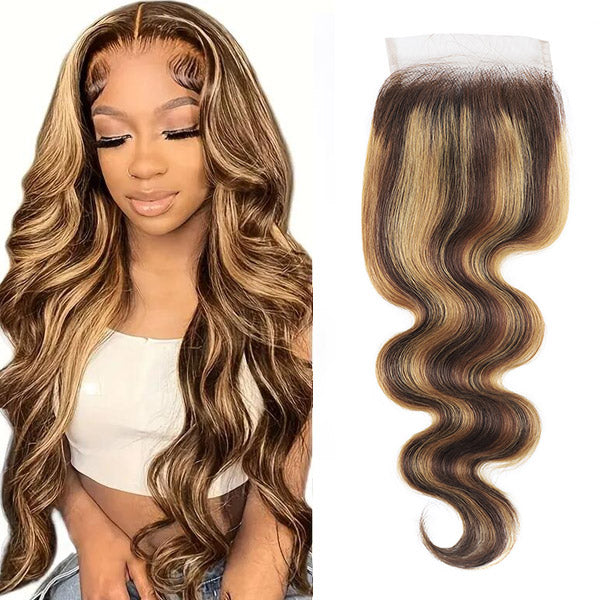 Ishow Hair 4x4 lace closure with P4/27 highlighted body wave human hair, featuring dark brown roots fading into blonde highlights.