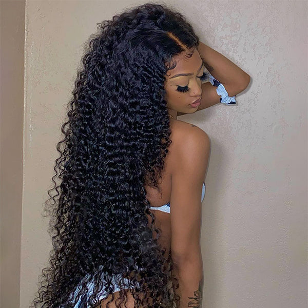 Close-up of HD lace wig with invisible knots, highlighting seamless blending, no bleaching needed, and a pre-plucked hairline. Features include skin melt real HD lace, invisible small knots, and pre-plucked natural hairline.