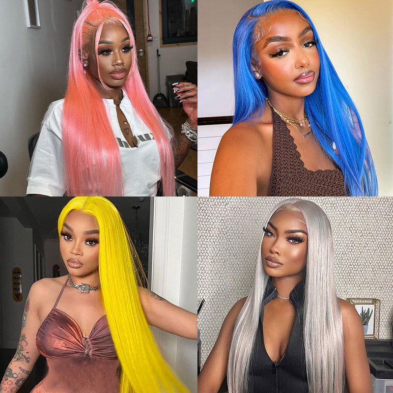 Model wearing a long pink straight human hair lace front wig, with a mannequin displaying the same wig's 13x4 lace front and straight texture.