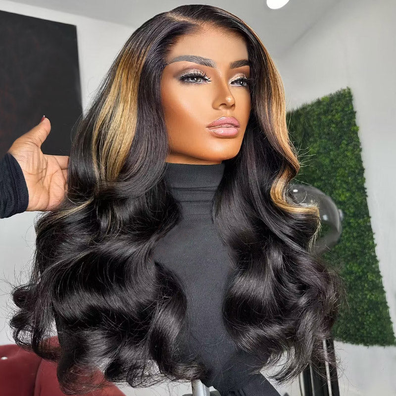 Model With Long Black and Blonde-Highlighted Waves in a Black Turtleneck