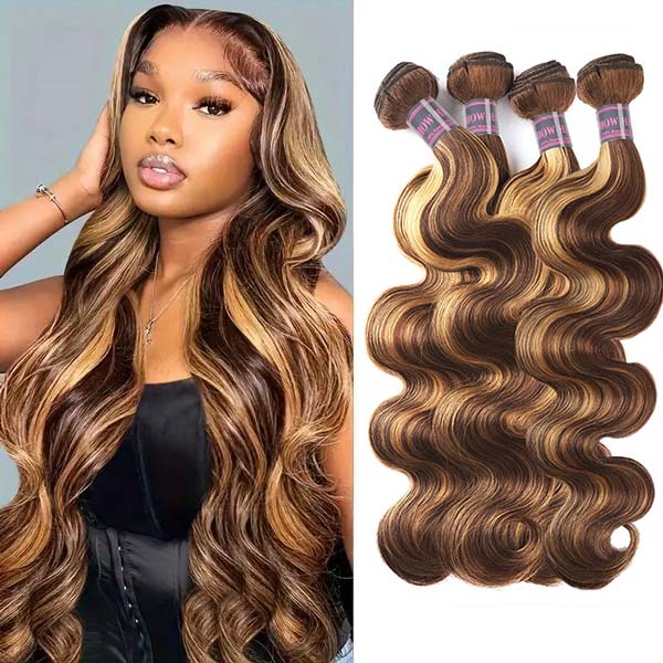 Woman with long, wavy honey blonde P4/27 color highlights hair, wearing a black top, next to four bundles of body wave human hair weaves in the same color, displaying thickness and natural wave.