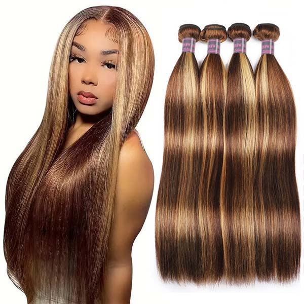 Honey blonde P4/27 color highlight hair extensions bundle with detailed features: double machine weft, cuticles hold, and healthy ends.