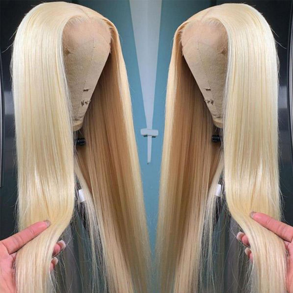Honey Blonde Lace Front Wig With Long Straight Strands Displayed On a Mannequin