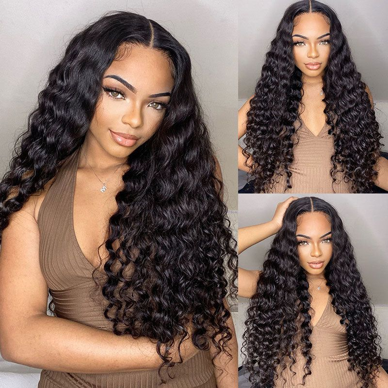 Model Wearing Deep Wave V Part Wig, Showcasing Natural Curls and Volume
