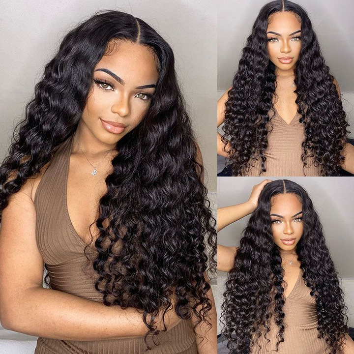 Model Wearing Deep Wave V Part Wig, Showcasing Natural Curls and Volume