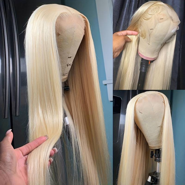 Long 613 Blonde Straight Lace Wig Displayed On a Mannequin Head, Highlighting Texture