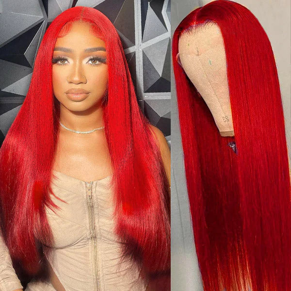Woman wearing a 30 inch long straight red human hair lace front wig next to a close-up view of the same wig on a mannequin head.