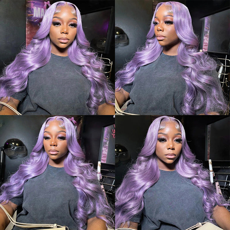 Light Purple Body Wave Wig Styled On Model With Glamorous Waves
