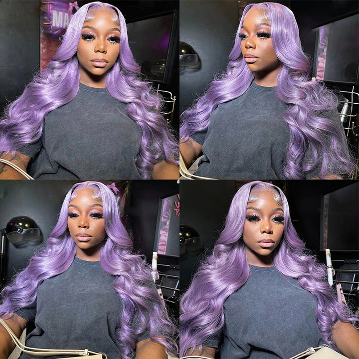 Light Purple Body Wave Wig Styled On Model With Glamorous Waves