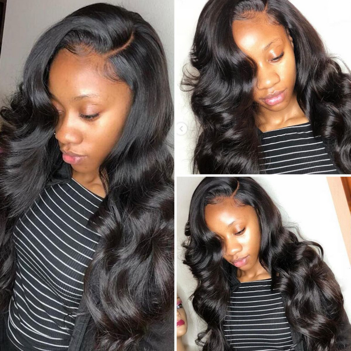 Woman Displaying 22-Inch Body Wave Glueless Wig in Natural Black Hairstyle