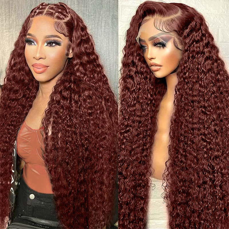 Reddish Brown Deep Curly Lace Front Wig Displayed On Mannequin