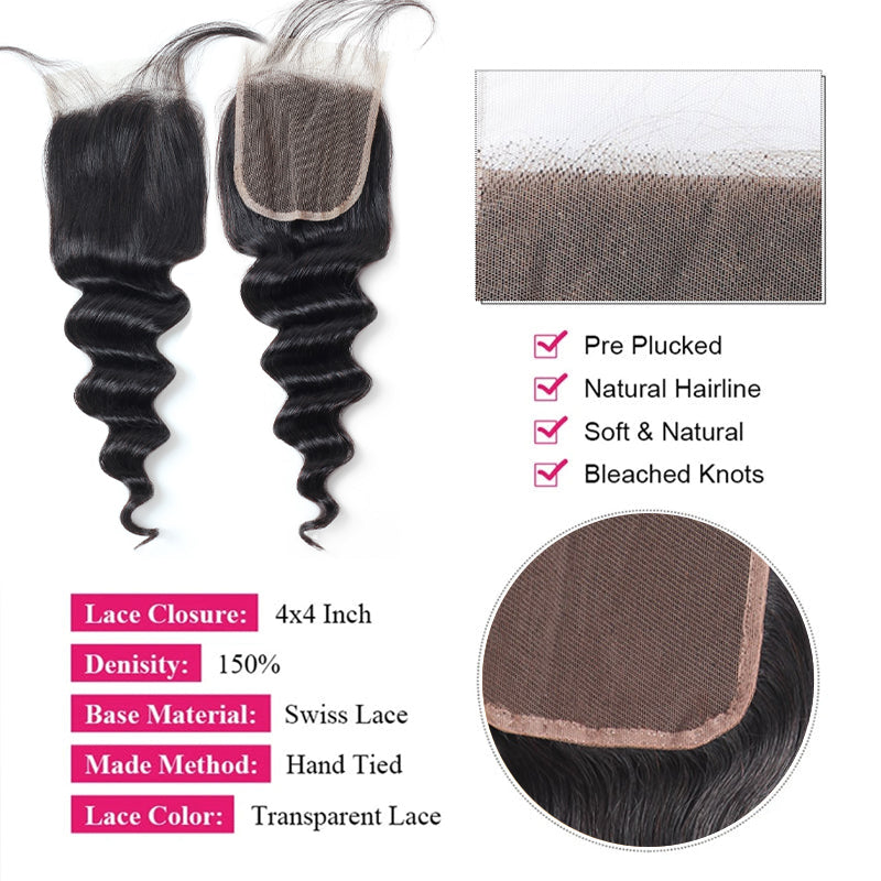 4X4 Lace Closure for Brazilian Loose Deep Wave Hair With Pre-Plucked Hairline