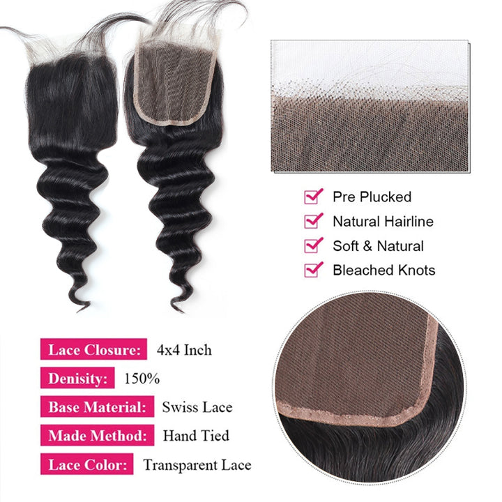 4X4 Lace Closure for Brazilian Loose Deep Wave Hair With Pre-Plucked Hairline