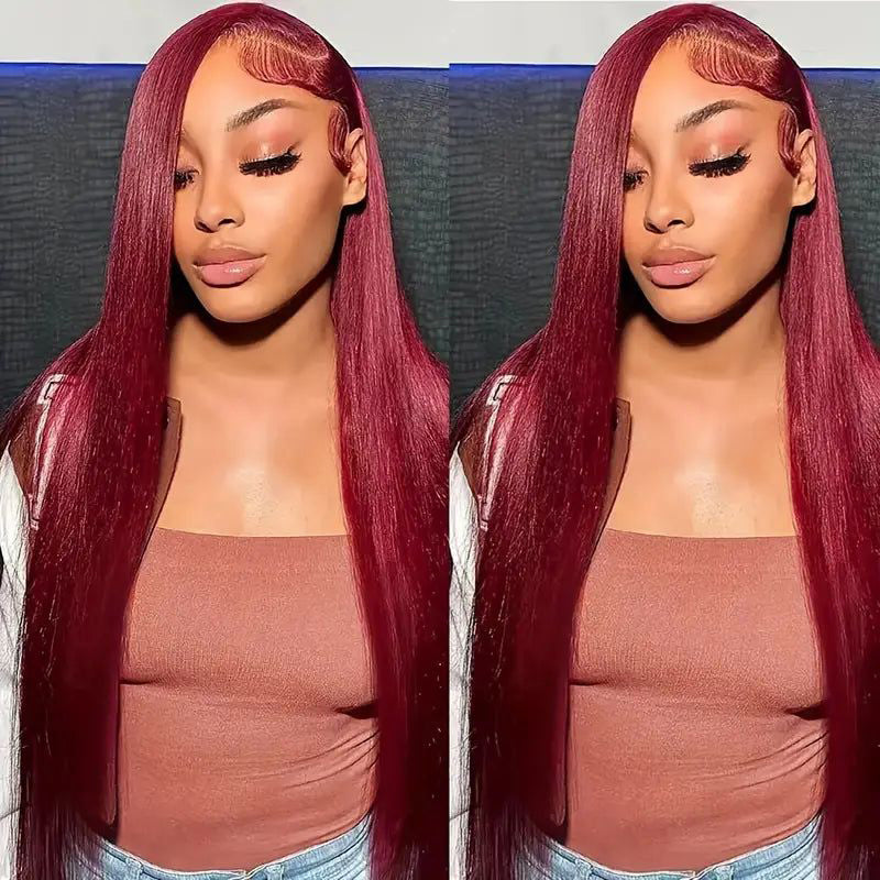 Model With Long, Straight 99J Burgundy Hair, Highlighting Sleek Style