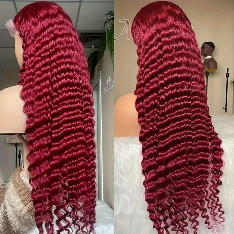 99J Burgundy Deep Wave Wig On Mannequin With Transparent Lace Front