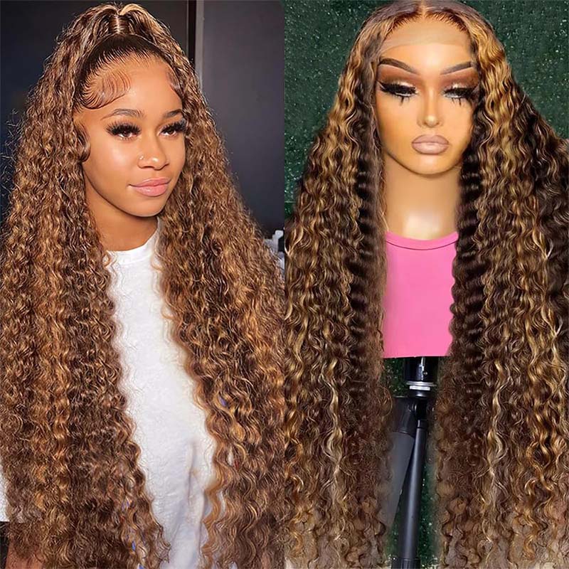 Honey Blonde Highlight Deep Wave Wig On Model and Mannequin