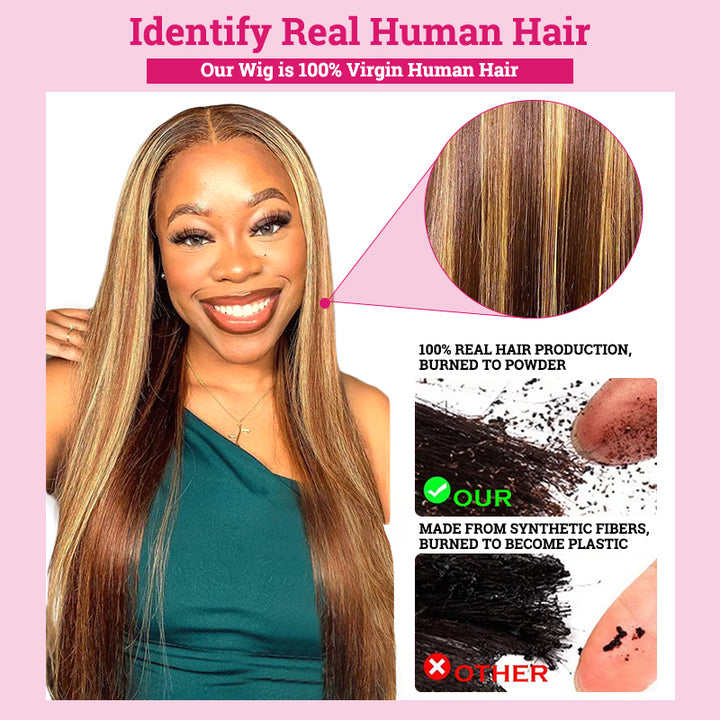 Model Wearing Straight Balayage Highlight Human Hair Wig, Emphasizing Quality Over Synthetic
