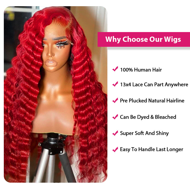 Model Wearing Ishow Pre Plucked Red Deep Wave Lace Front Wig