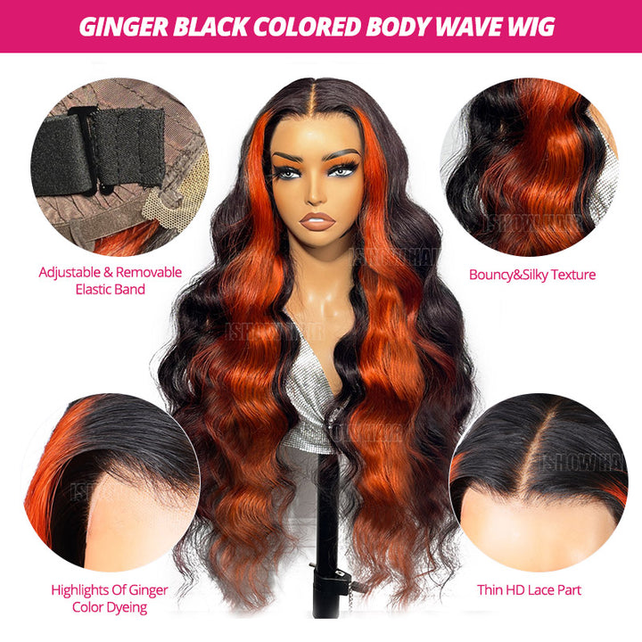 Ishow Ginger Black Red P4/27 99J Colored Wigs 13x4 HD Glueless Human Hair Wig Highlighted Body Wave Wig Pre Plucked