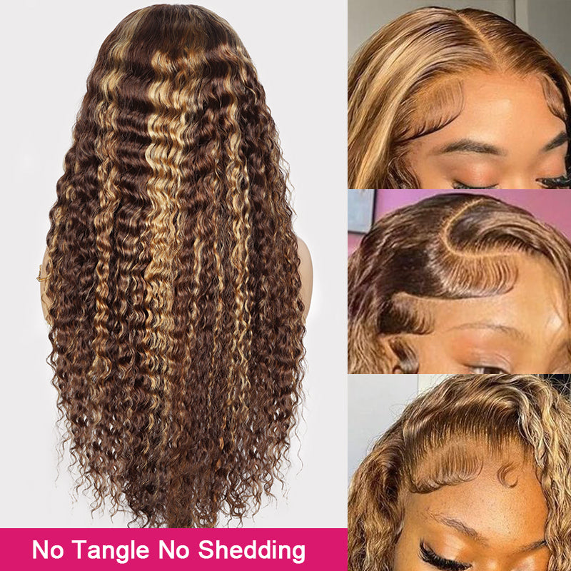 Woman wearing Ishow Honey Blonde Deep Wave Wig with HD Lace, middle part, 100% human hair