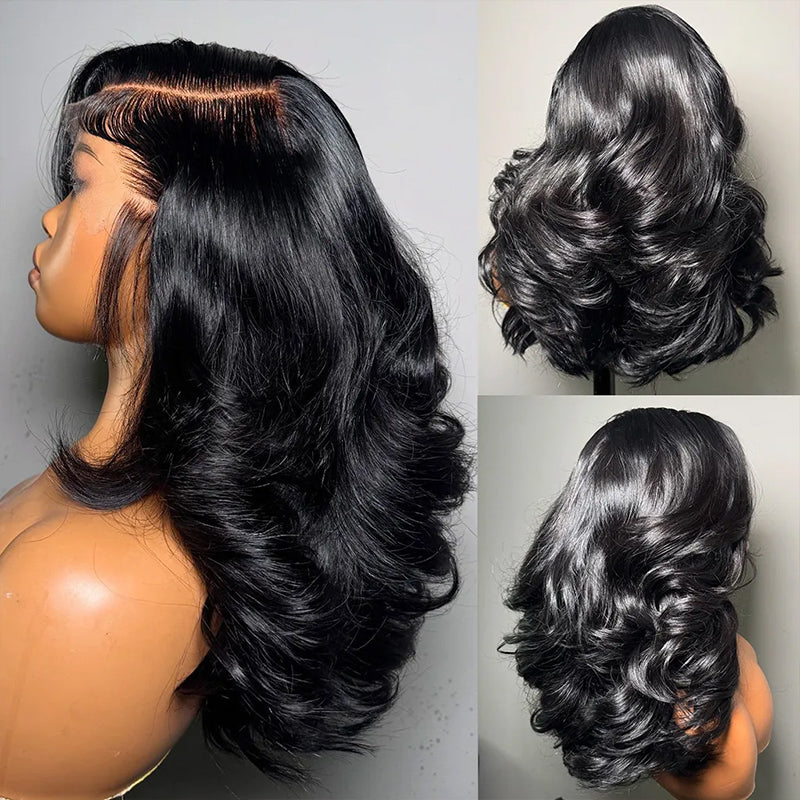 Ishow Layered Cut Glueless Body Wave Human Hair Wig, Black Wig