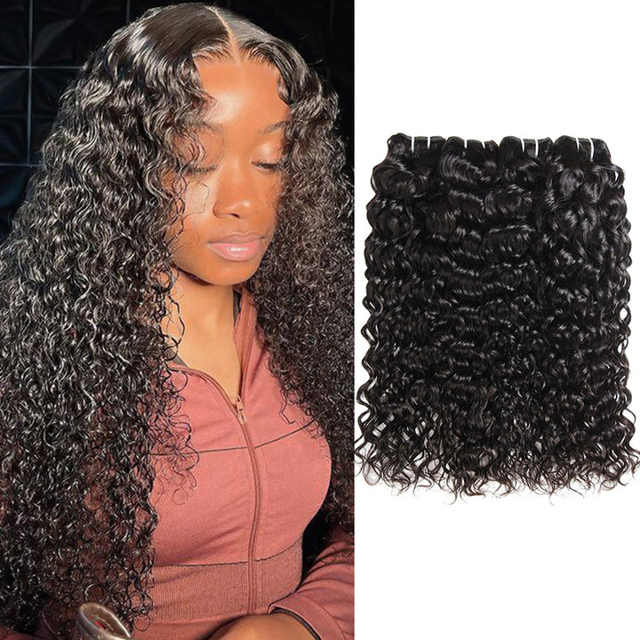 Woman With Loose Deep Wave Hairstyle Next to Four Bundles of 12a Grade Human Hair