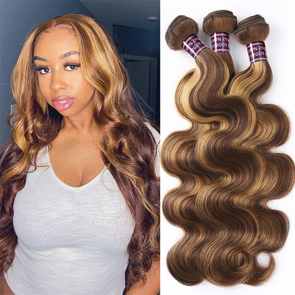 Woman showcasing long honey blonde highlight body wave hair in two different poses. She is wearing a white top and displaying vibrant P4/27 color with natural waves.