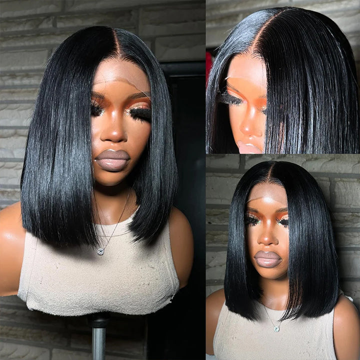 Stylish Middle Part Bob Wig in Straight Brazilian Hair On Display