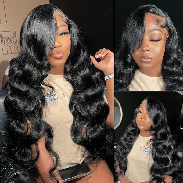Model With 18 Black Body Wave Wig, Side-Swept Bangs, Showcasing Natural Elegance
