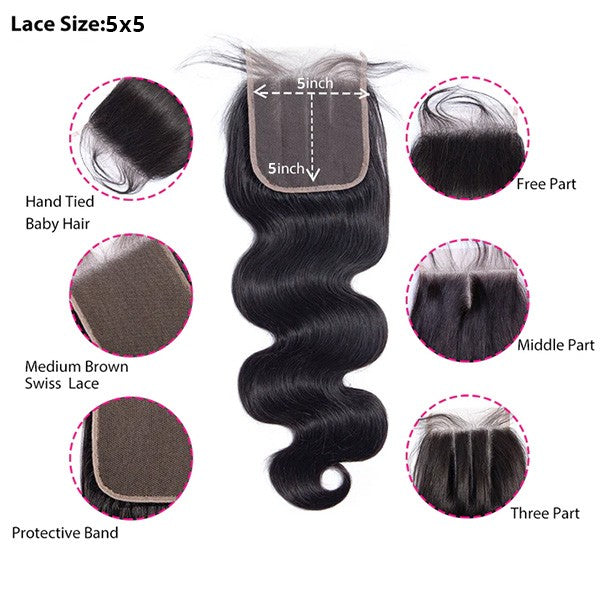 5X5 Body Wave Lace Closure With Baby Hair and Multiple Parting Options