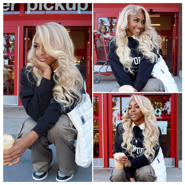 Model Wearing Body Wave Barbie Blonde Wig, Enjoying a Drink Outdoors