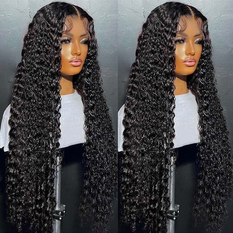 Stunning 40-Inch Deep Wave Human Hair Wig in Natural Black Styled On a Mannequin