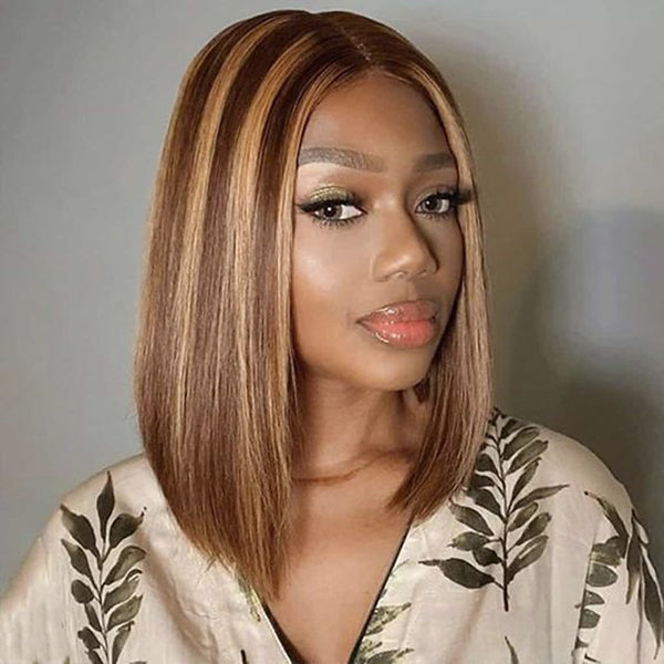 Woman taking a selfie wearing Ishow Beauty PPB™ Straight Short Bob Wig in Balayage P4/27 color with 5x5 Lace Closure, light green top, pearl necklace, and hoop earrings
