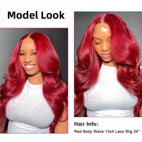 Model Showcasing a 24-Inch Red Body Wave Wig With 13X4 Lace and Natural Hairline