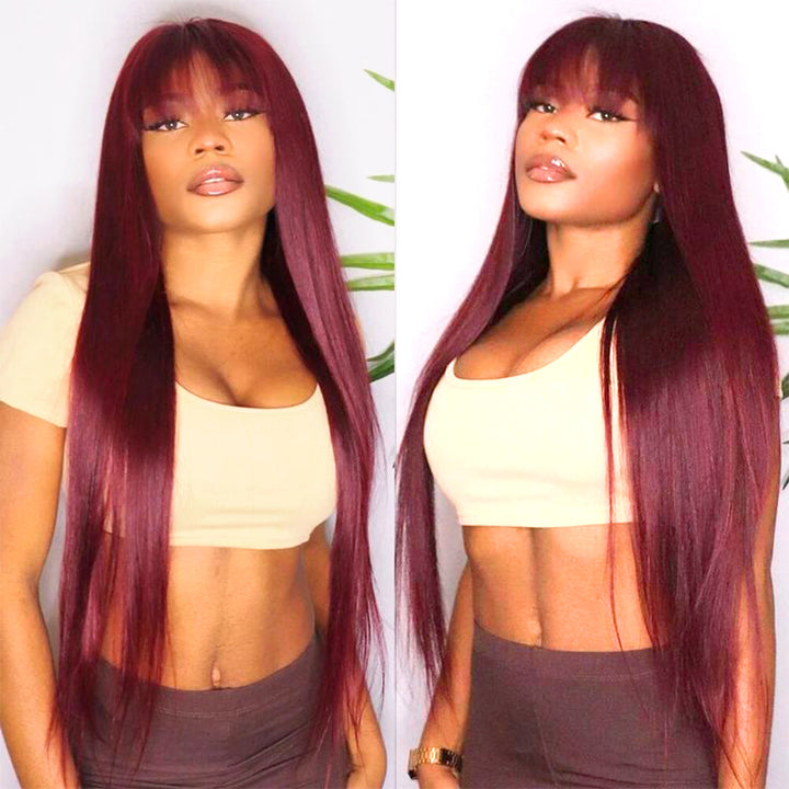 99J Burgundy Color Straight Hair No Lace Wig With Bangs - IshowHair