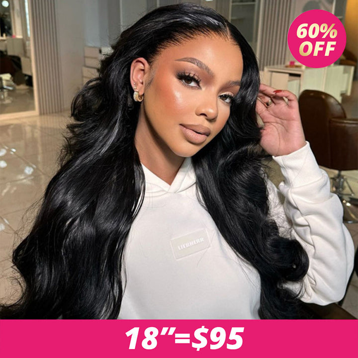 Model Showcasing 18 Black Body Wave Wig With 60% Off Sale
