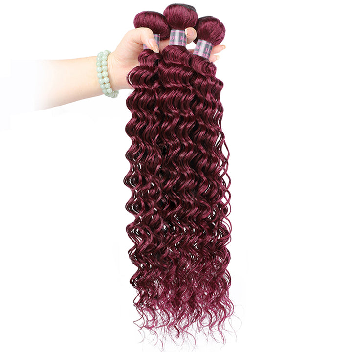 99J Burgundy Deep Wave Hair Bundles With Bouncy Curls and Shiny Surface