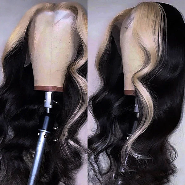 Body Wave Lace Wig With Blonde Skunk Stripes On a Wig Stand