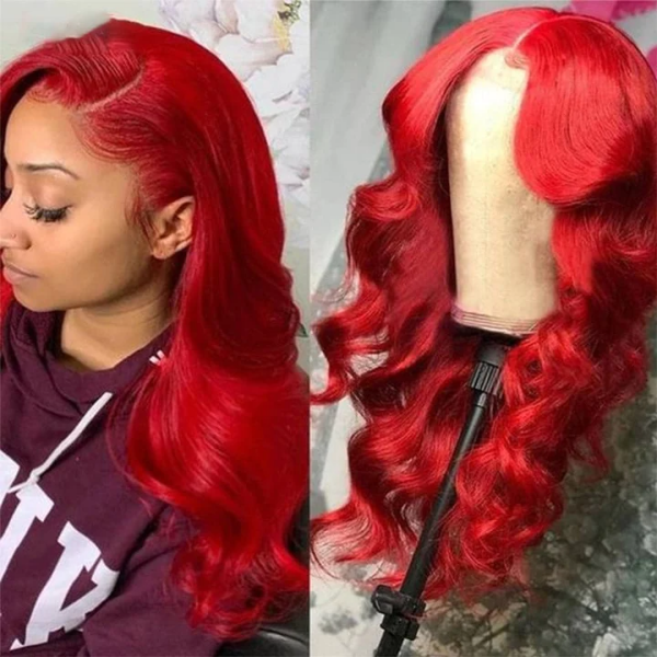 Model With Vibrant Red Body Wave Hairstyle Next to Matching Wig On Mannequin
