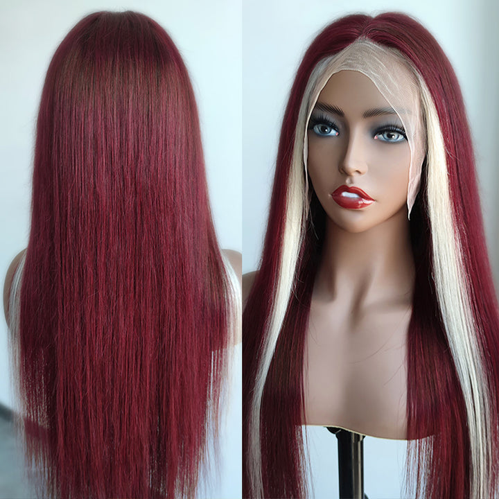 99J Burgundy With 613 Blonde Highlights 13x4 Bone Straight Skunk Stripe Wig HD Lace Wigs