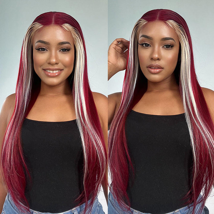13x4 HD Transparent Lace Front Wigs Body Wave 99J Burgundy With 613 Blonde Highlight Wigs