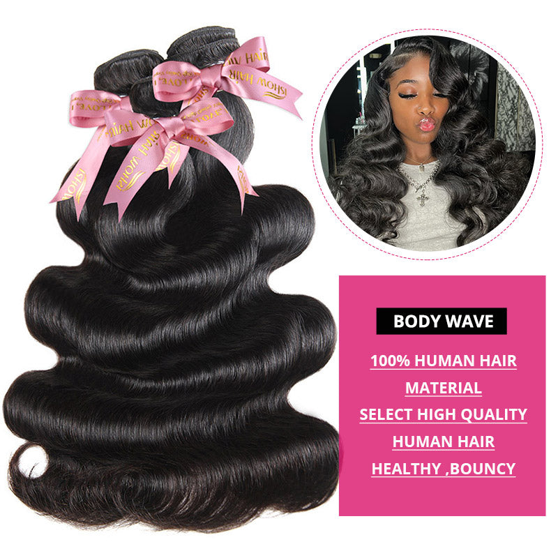 Ishow 12a Grade Body Wave Black Hair Bundles With Pink Ribbon and Model Image