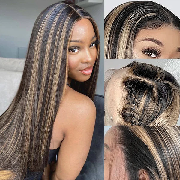 1B/27 Straight HD Lace Frontal Wig On Model, Showcasing Sleek Hair and Highlights
