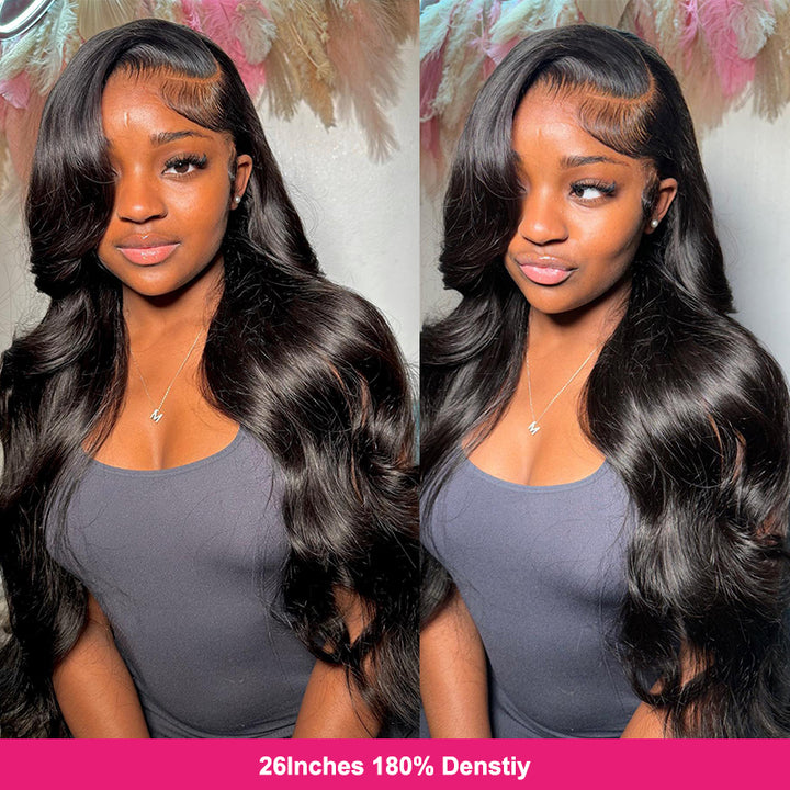 26-Inch Body Wave Lace Front Wig On Model With Natural Black Color and 180% Density