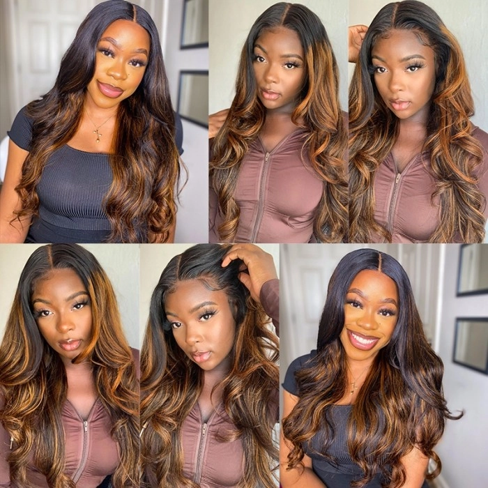Collage of Women With T1B 4/30 Balayage Body Wave Hair, Showcasing Various Styles