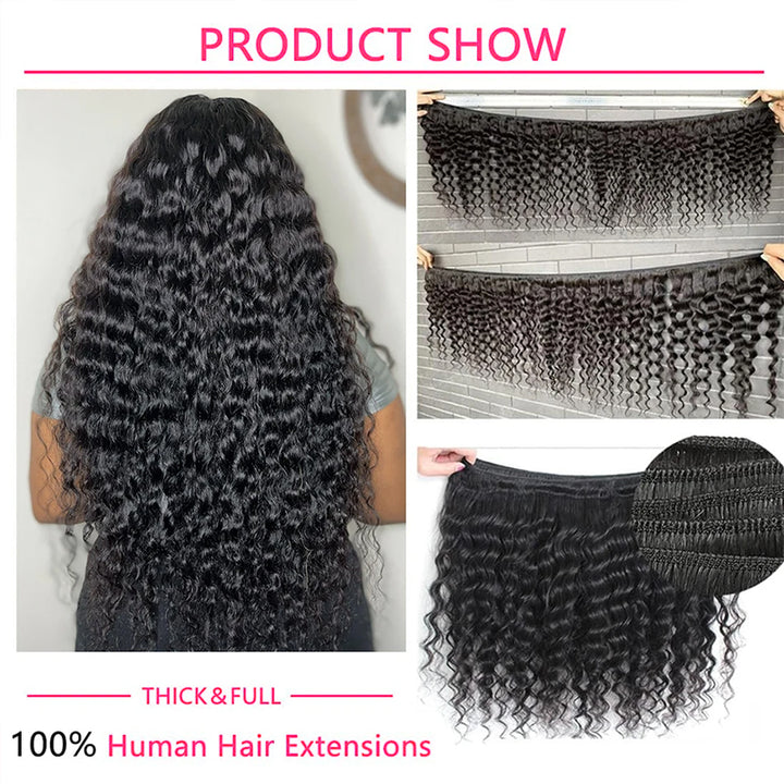 Model With Thick Curly Black Hair and 100% Human Hair Extensions in Water Wave Style